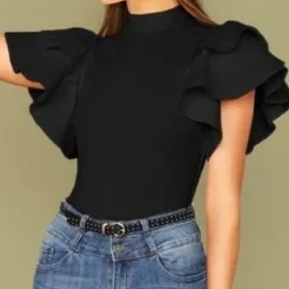 Classic Black Layered Ruffle Sleeve fitted Bodysuit - Picture 1 of 10